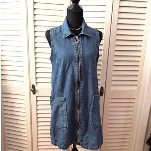 90s Y2K Denim Zipper Mini Dress with Collar and Large Pockets Size M